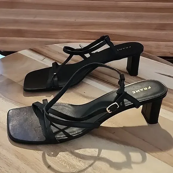FRAME LE BRAXTON SANDAL SQUARE TOE ANKLE STRAP HEEL BLACK NOIR SIZE 40